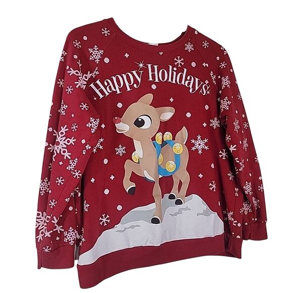 Rudolph the Red Nosed Reindeer Sweatshirt Red Snowflakes Holiday Pullover L/XL F - Picture 2 of 6